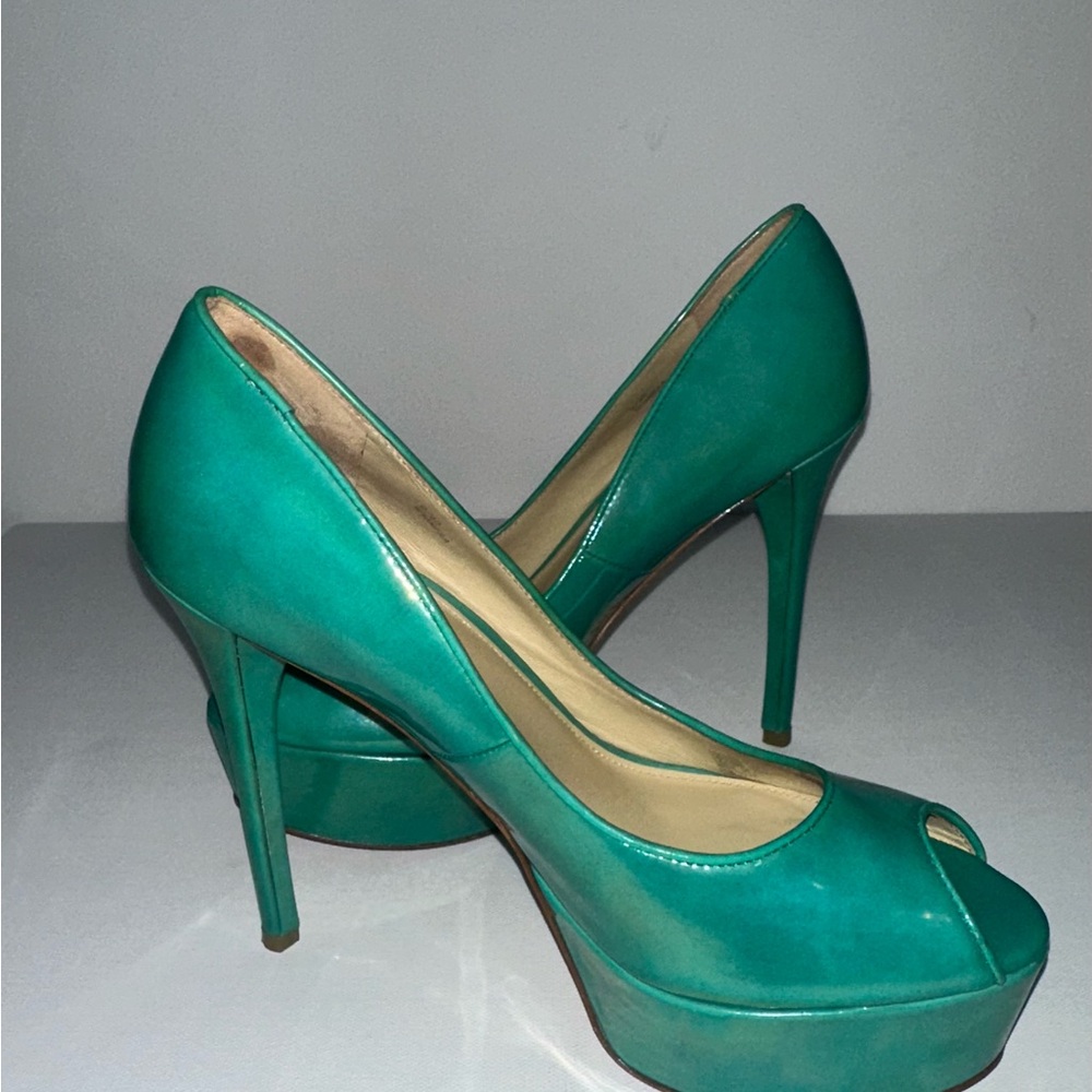 Iconic Y2K Turquoise teal Aqua Green Shiny Paten leather B Brian Atwood Pumps - Picture 4 of 8